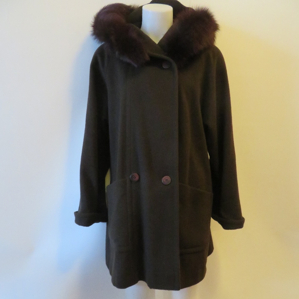 STEVE BY SEARLE BRN COAT W/HOODED FOX FUR TRIM S*